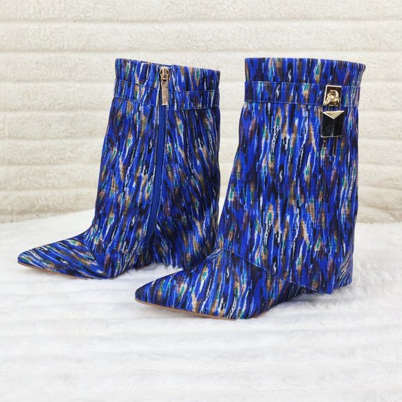 Valley Blue Multi Wedge Heel Fold Over Skirted Ankle Boots - Picture 5 of 11